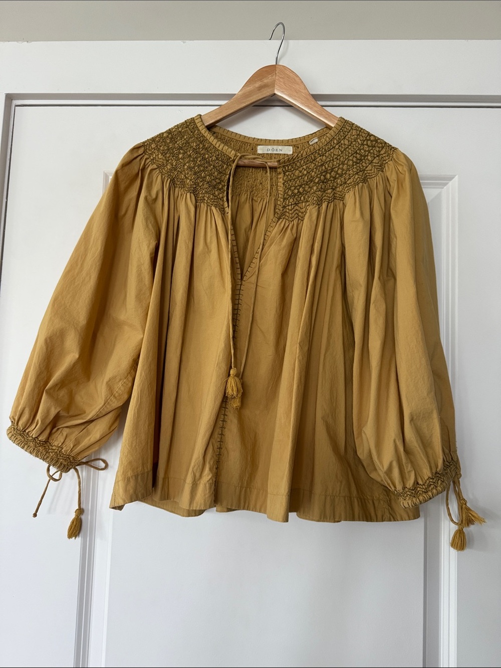 Doen Mustard Smocked Yoke Peasant Blouse